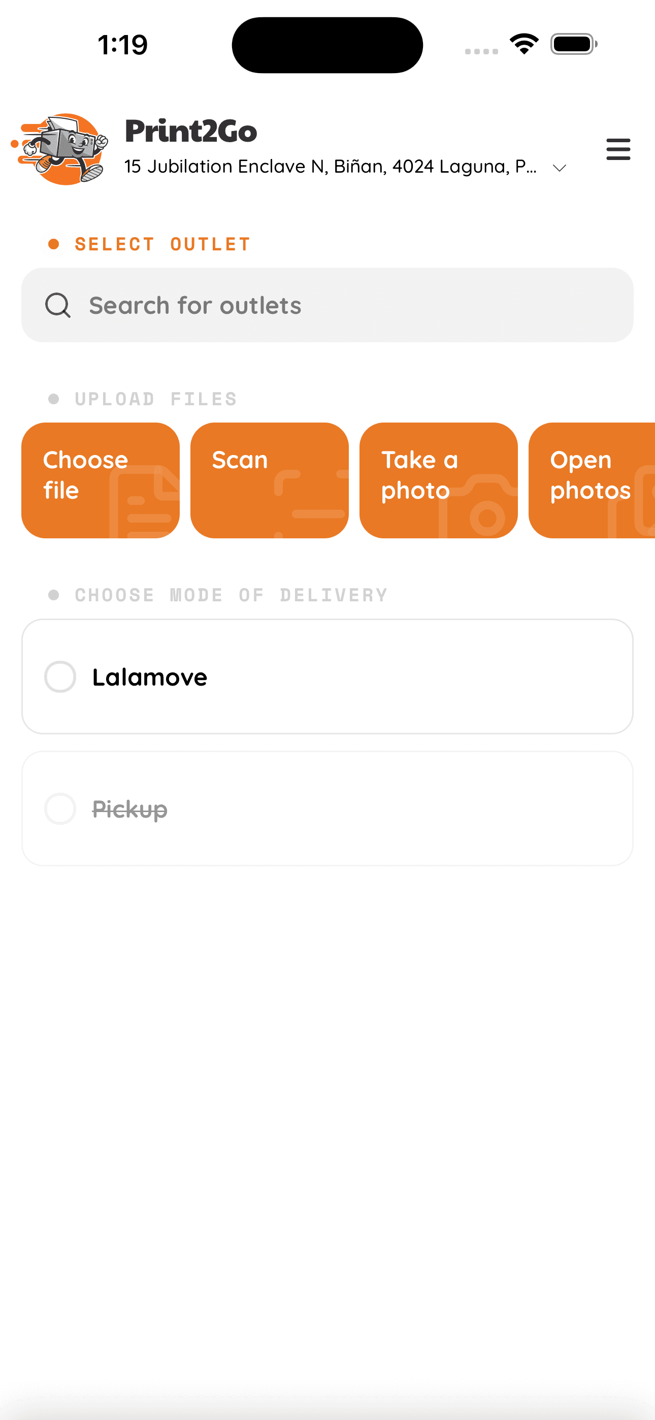Print2Go app — Choose outlet
