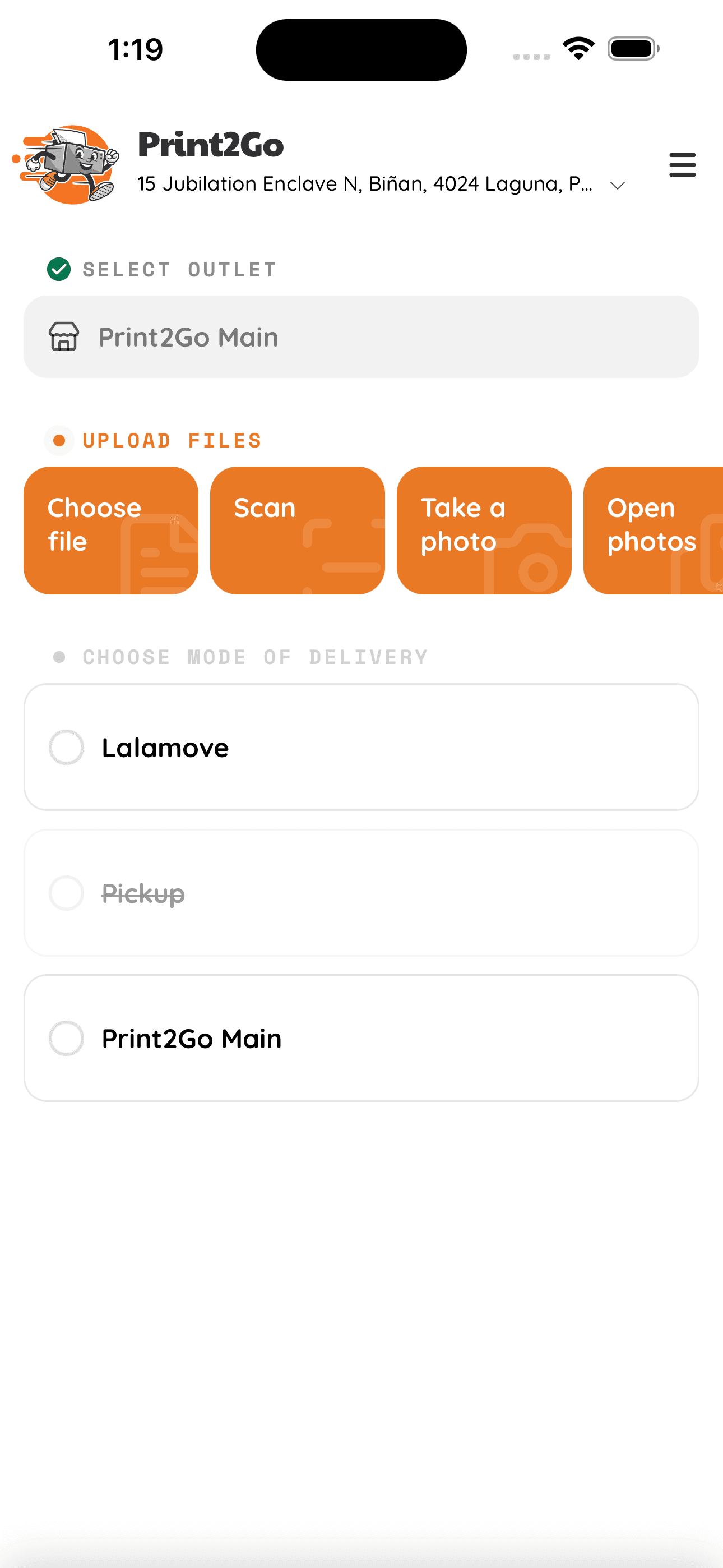 Print2Go app — Upload files