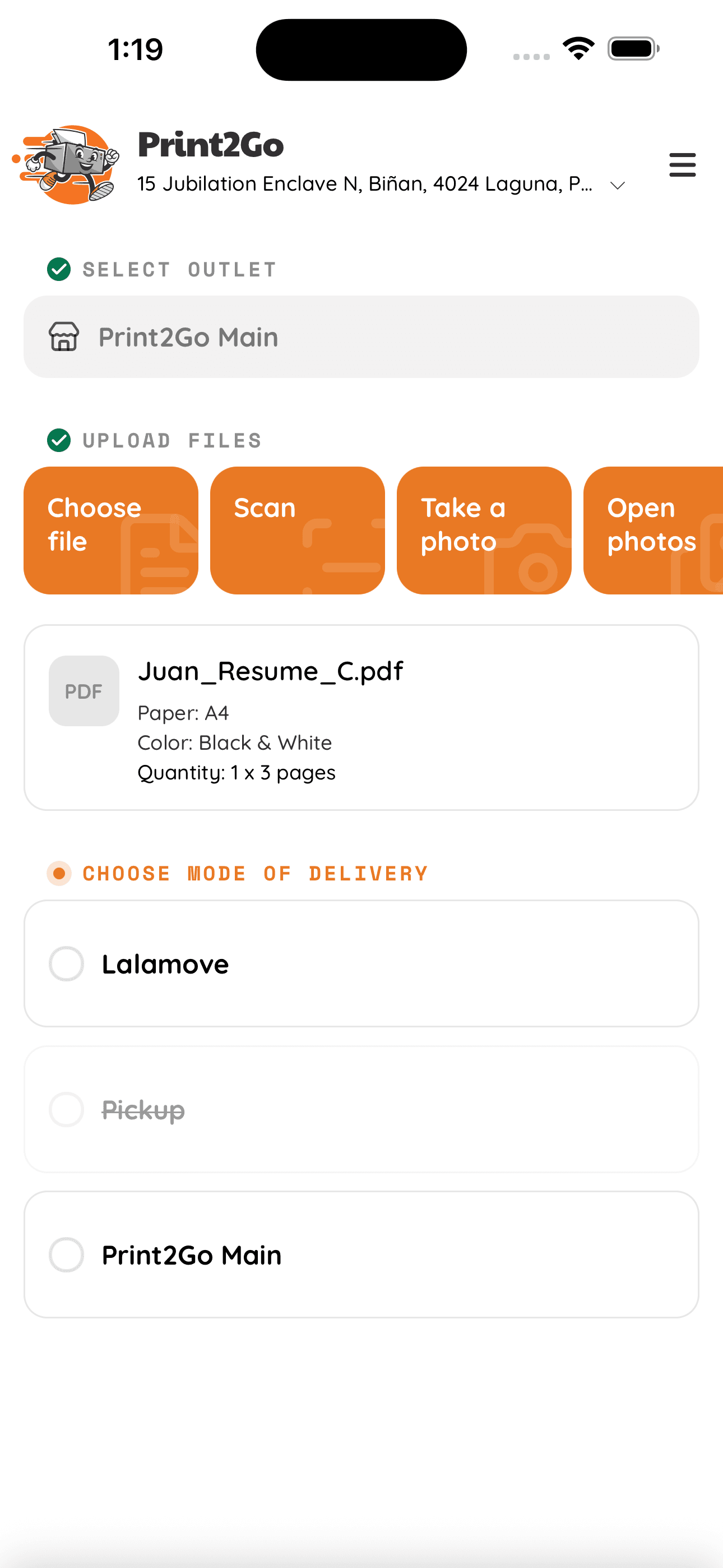 Print2Go app — Choose delivery